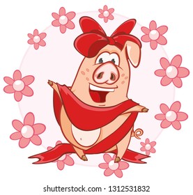  Vector Illustration of a Cute Pig. Cartoon Character 