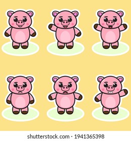 Vector illustration of cute Pig cartoon. Cute Pig expression character design bundle. Good for icon, logo, label, sticker, clipart.