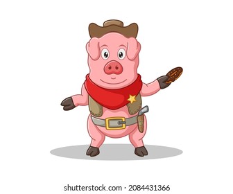 Vector illustration of Cute Pig cartoon in cowboy dress holding donut