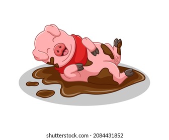 Vector illustration of Cute Pig cartoon lying in the mud