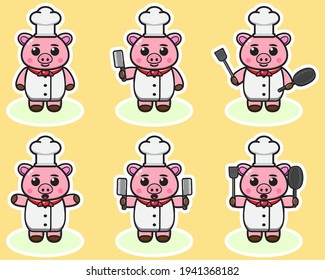 Vector illustration of cute Pig Chef cartoon. Cute Pig expression character design bundle. Good for icon, logo, label, sticker, clipart.