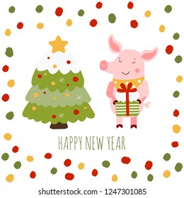 Vector illustration of cute pig with Christmas tree and polka dot frame. Zodiac simbol of Chinese New Year 2019. Useful for calendar, diary, banner, greeting card. Cartoon animal with gift box.