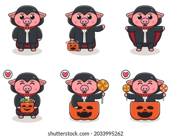 Vector illustration of cute Pig with Dracula costume. Pig character vector design. Good for label, sticker, clipart.