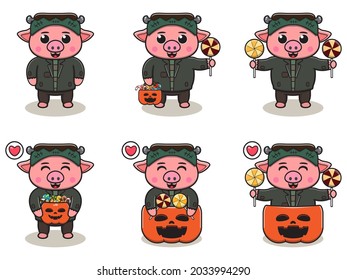 Vector illustration of cute Pig with Frankenstein costume. Pig character vector design. Good for label, sticker, clipart.