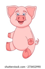 Vector illustration of cute pig, funny piggy sitting and smiling
