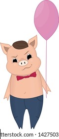 Vector illustration of Cute pig holding a balloon cartoon. Doodle, hand-drawn. Cartoon.