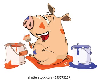 Vector Illustration of a Cute Pig. A  house painter. Cartoon Character