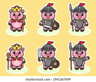Vector illustration of cute Pig King and Knight cartoon. Cute Pig expression character design bundle. Good for icon, logo, label, sticker, clipart.