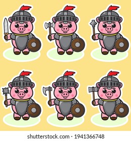 Vector illustration of cute Pig Knight cartoon. Cute Pig expression character design bundle. Good for icon, logo, label, sticker, clipart.