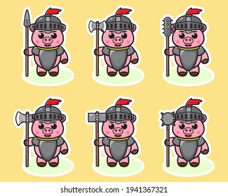 Vektorgrafik von süßem Schweinekritter-Cartoon mit großer Waffe. Zeichendesign-Paket für die Ausdrücke von scharfem Schwein. Gut für Ikone, Logo, Label, Aufkleber, Clipkunst.