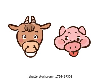 Vector illustration with cute pig and korean cow in brush-drawn style.