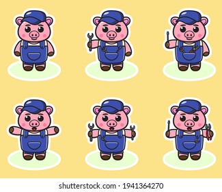 Vector illustration of cute Pig Mechanic cartoon. Cute Pig expression character design bundle. Good for icon, logo, label, sticker, clipart.