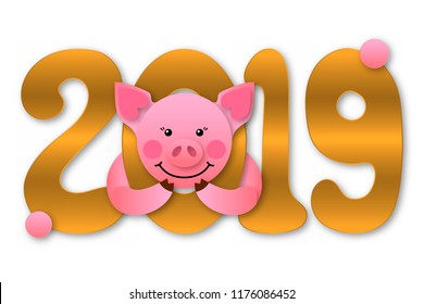 Vector illustration of a cute pig in modern paper cut out style. Happy New Year. Chinese symbol of 2019 year. golden numbers 2019.