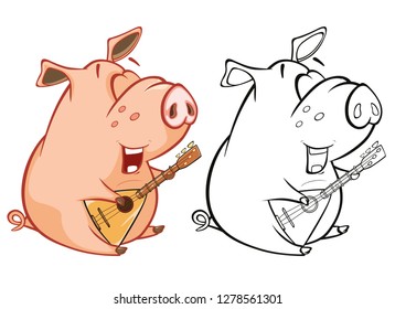 Vector Illustration of a Cute Pig Musician. Coloring Book Cartoon 