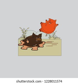 Vector illustration of cute pig on a puddle, funny two pigs and a dirty puddle