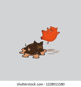 Vector illustration of cute pig on a puddle, funny two pigs and a dirty puddle