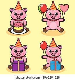 Vector illustration of cute Pig Party. Cute Pig expression character design bundle. Good for icon, logo, label, sticker, clipart.