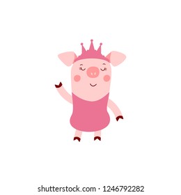 Vector illustration of cute pig in pink dress. Zodiac simbol of Chinese New Year 2019. Useful for calendar, diary, banner, greeting card. Cute isolated dancing piggy, symbol of 2019 with copy space.