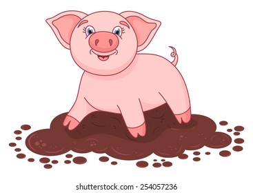 Vector illustration of cute pig in a puddle, funny piggy standing on dirt puddle