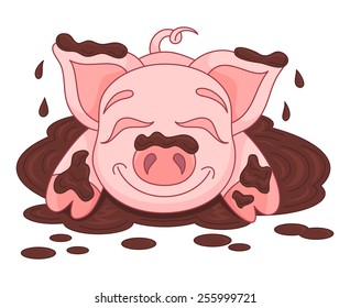 Vector illustration of cute pig in a puddle, funny piggy lies and smiling on dirt puddle