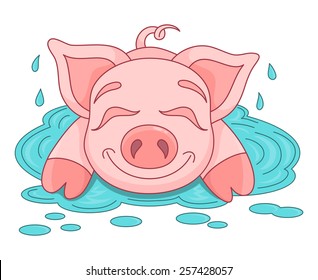 Vector illustration of cute pig in a puddle, funny piggy lies and smiling on water puddle
