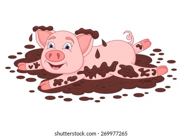 Vector illustration of cute pig in a puddle, funny piggy lies and smiling on dirt puddle