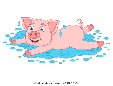 Vector illustration of cute pig in a puddle, funny piggy lies and smiling on water puddle