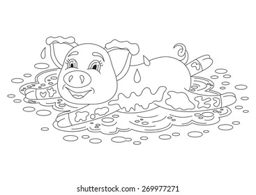 Vector illustration of cute pig in a puddle, funny piggy standing on dirt puddle, coloring book page for children