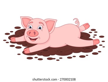 Vector illustration of cute pig in a puddle, funny piggy lies and smiling on dirt puddle