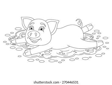 Vector illustration of cute pig in a puddle, funny piggy standing on dirt puddle, coloring book page for children