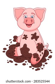 Vector illustration of cute pig in a puddle, funny piggy sits and smiling on dirt puddle