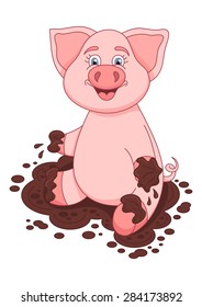 Vector illustration of cute pig in a puddle, funny piggy sits and smiling on dirt puddle