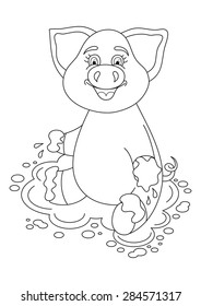 Vector illustration of cute pig in a puddle, funny piggy sits on dirt puddle, coloring book page for children