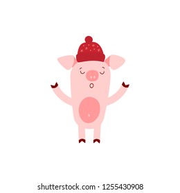 Vector illustration of cute pig with red hat. Zodiac simbol of Chinese New Year 2019. Useful for calendar, diary, banner, greeting card. Vector isolated illustration for chinese new year