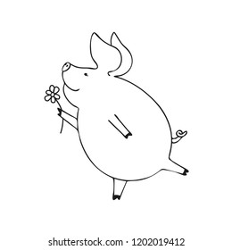 vector illustration of a cute pig running through a meadow with a flower, cartoon design