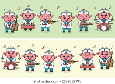 Vector Illustration of Cute Pig sailors Music Band. Big set of cute Animal cartoon in professions. Pig Cartoon flat style.