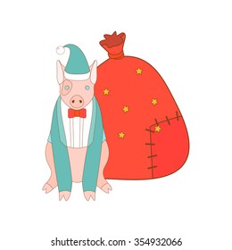 Vector illustration of a cute pig and a Santa sack. Christmas background.