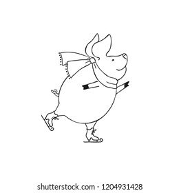 vector illustration of cute pig skater dancing on ice, linear design
