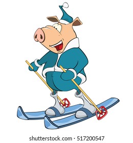 Vector Illustration of a Cute Pig Skier. Cartoon Character