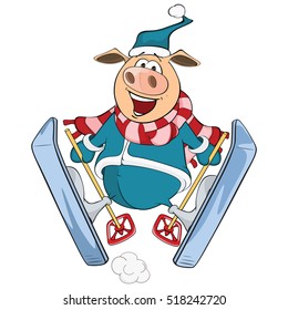 Vector Illustration of a Cute Pig Skier. Cartoon Character