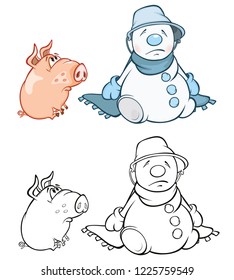 Vector Illustration of a Cute Pig and a Snowman. Coloring Book Cartoon Character 