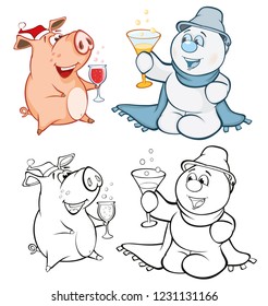 Vector Illustration of a Cute Pig and a Snowman. Coloring Book Cartoon Character 