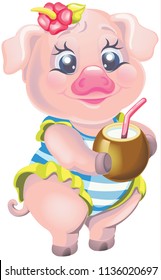 vector illustration cute pig in a striped bathing suit