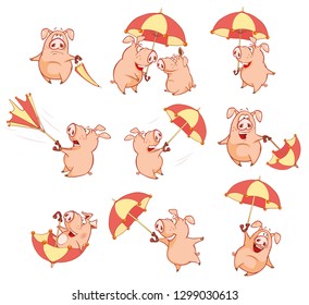 Vector Illustration of a Cute Pig with an umbrella. Set Cartoon Character 