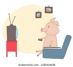 Vector illustration. Cute pig watchig tv.