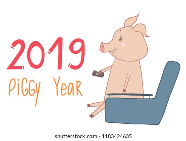 Vector illustration. Cute pig watching tv. 2019 new year.