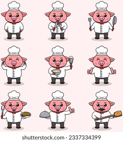 Vector Illustration of Cute Pig wearing chef uniform. Flat Cartoon Style. Set of Cute Animal Characters in Chef Uniform. Vector illustration in isolated background