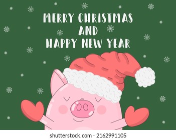 Vector illustration of a cute pig in winter clothes and snowflakes on a green background. Image for the New Year, Christmas, prints, banners, invitations, flyers, cards, children, clothes, decor