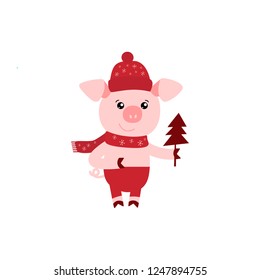 Vector illustration of cute pig. Zodiac simbol of Chinese New Year 2019. Useful for calendar, diary, banner, greeting card. Year of pig 2019 logo, icon. Cartoon Pig for Christmas greeting card.