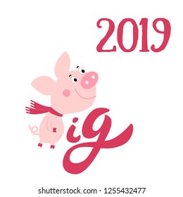 Vector illustration of cute pig. Zodiac simbol of Chinese New Year 2019. Useful for calendar, diary, banner, greeting card. Vector illustration for chinese new year